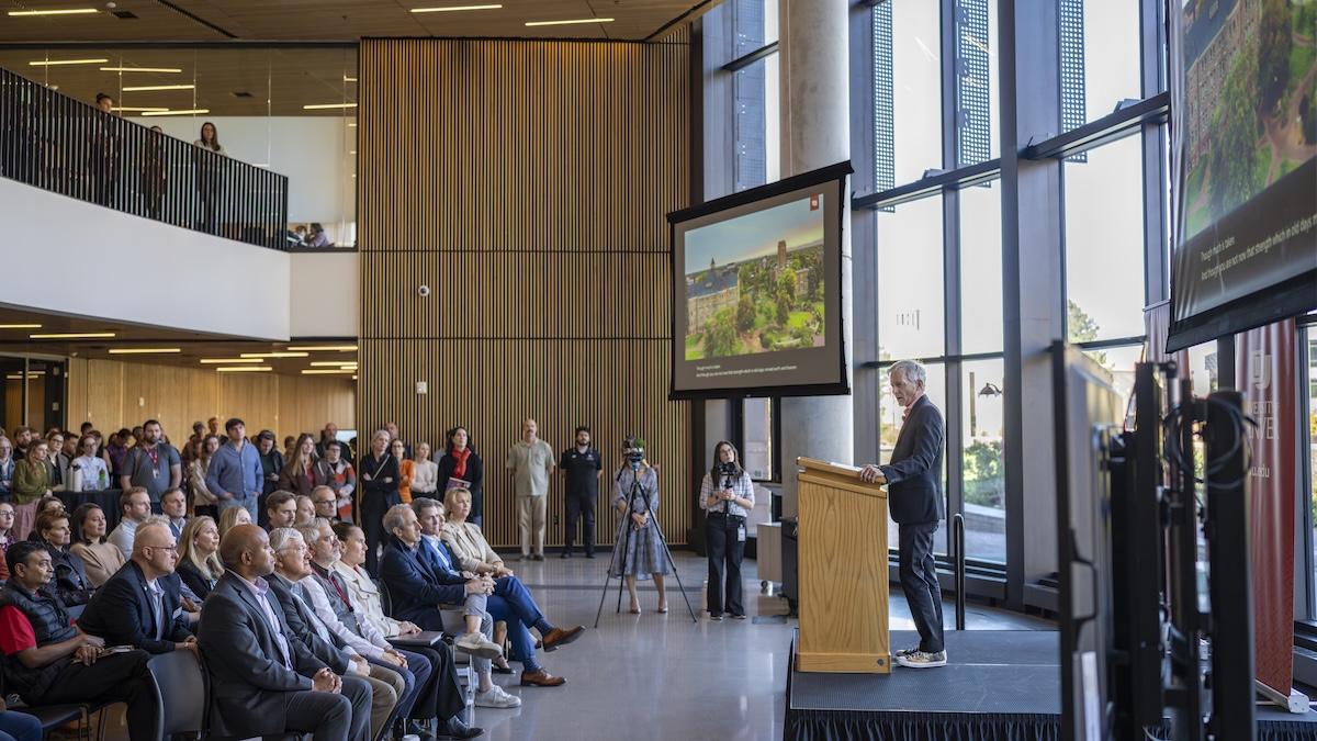 Chancellor Jeremy Haefner gives a speech at State of the University