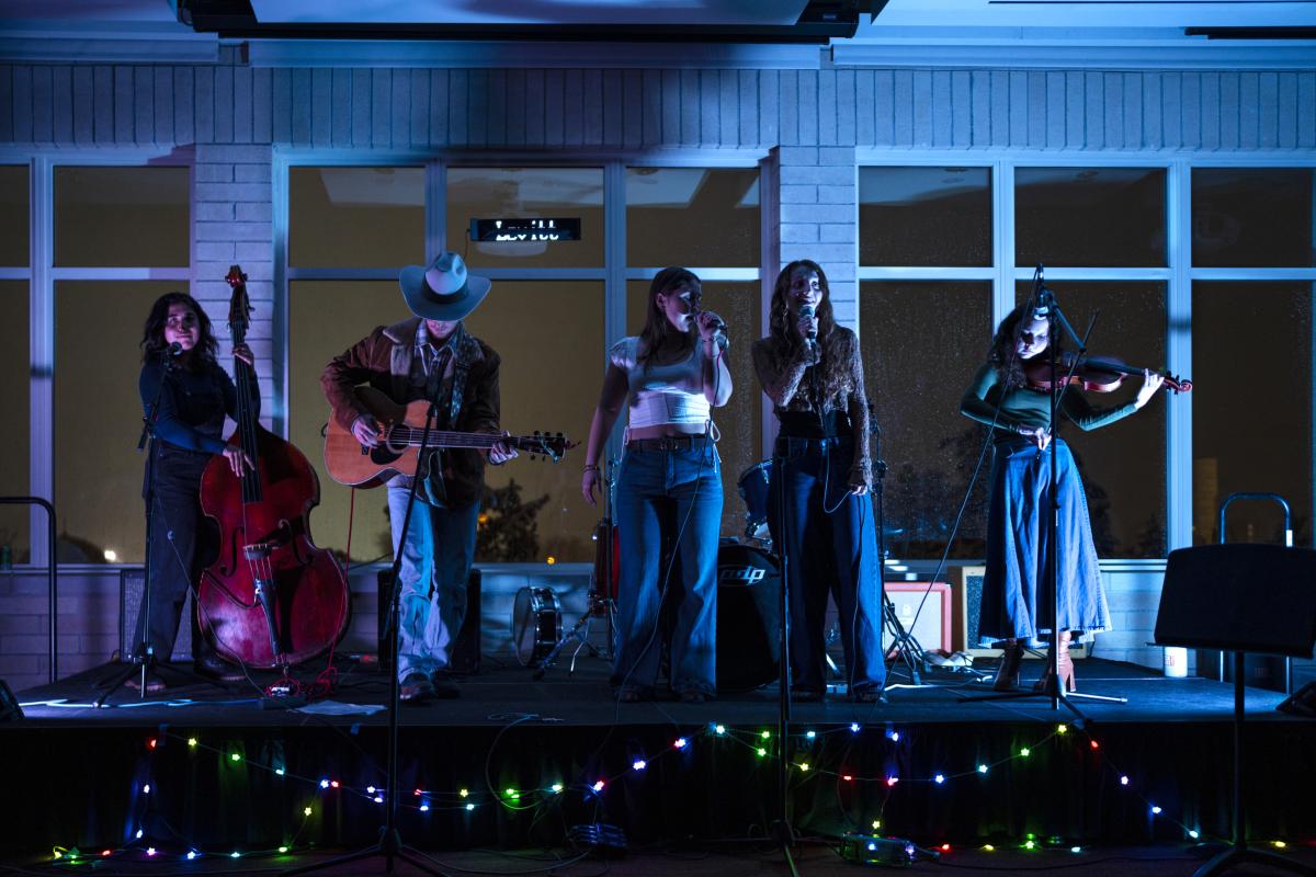 An acoustic band with a guitarist, bassist, singer and fiddler plays a darkly lit stage.