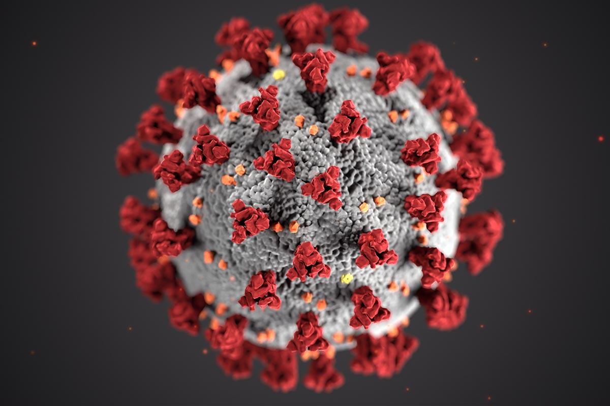 COVID virus depicted as sphere with red spikes 