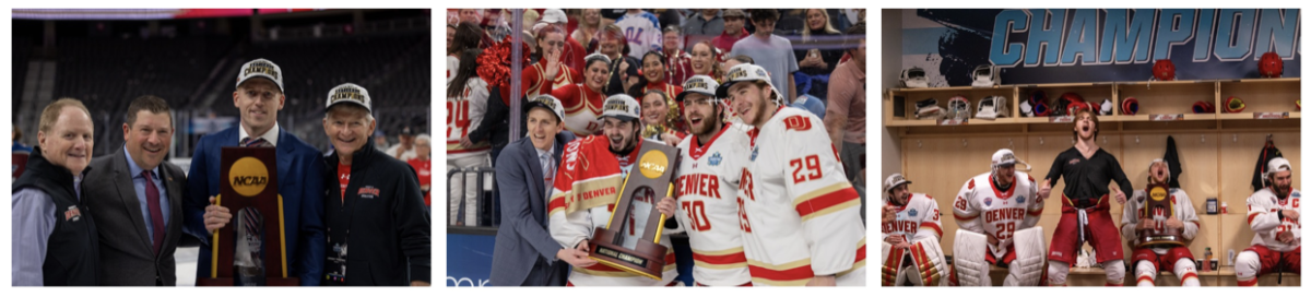 3 images, side by side, of people celebrating DU's 11th national championship in Hockey.