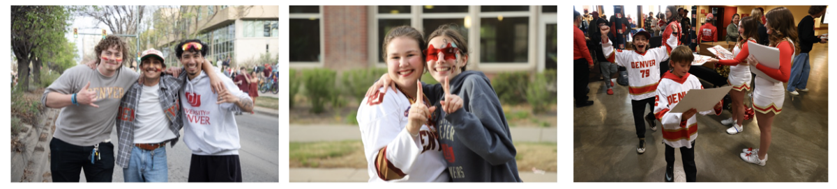3 images, side by side, of people celebrating DU's 11th national championship in Hockey.