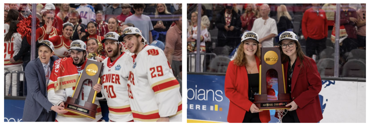 Two photos, side by side, showing players and fans celebrating DU's 11th hockey championship.
