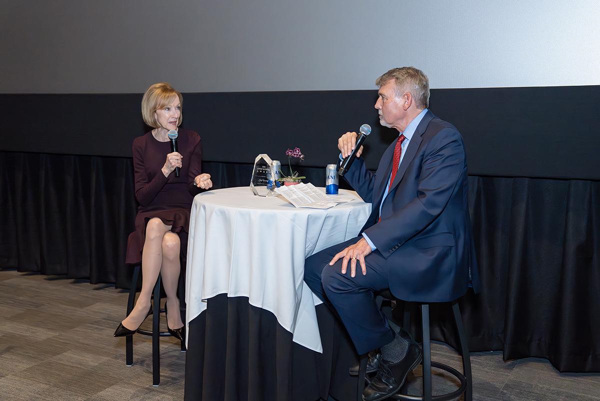 Judy Woodruff speaks with Dean Fritz Mayer at the 2024 Korbel Honors event.
