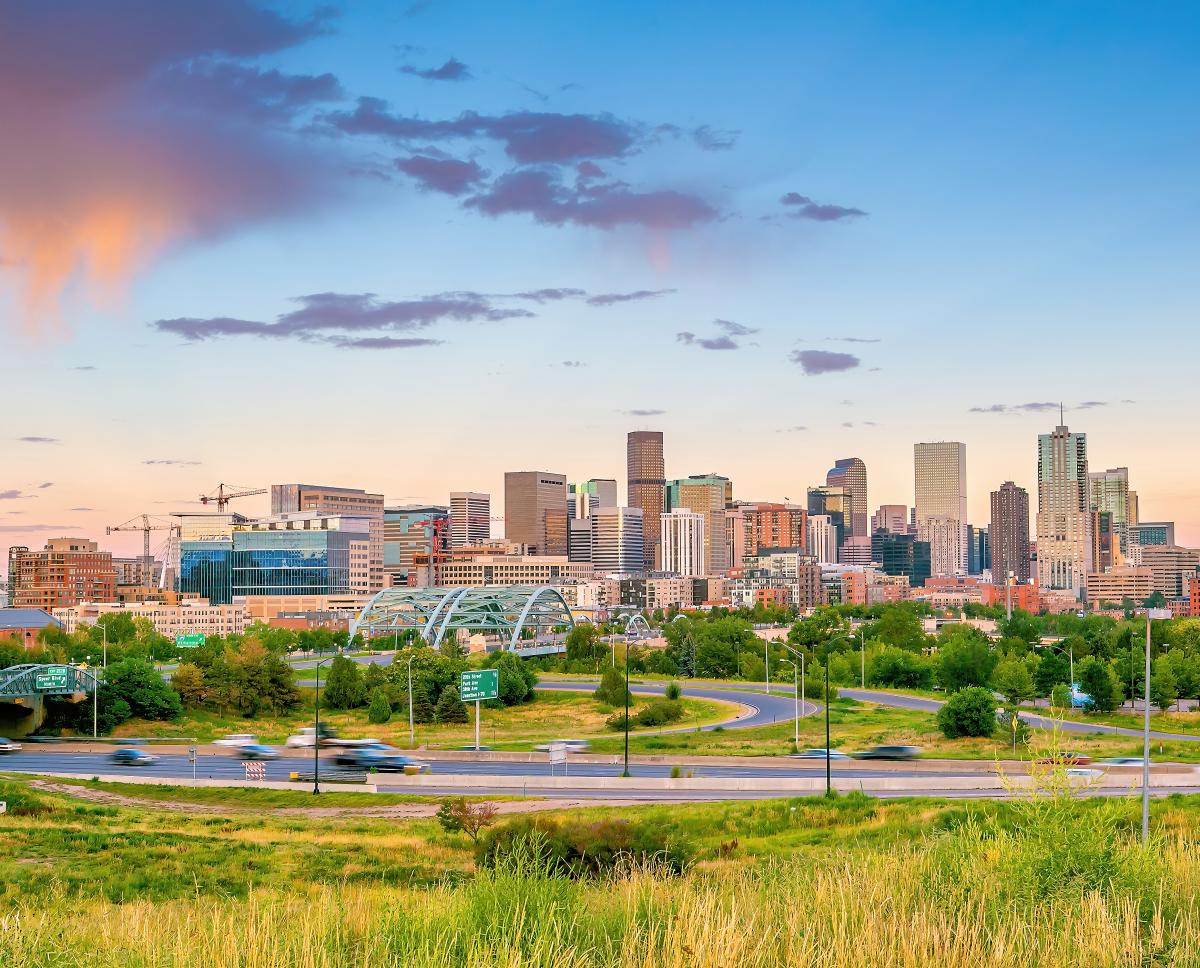 Wide angle shot of downtown Denver on a sunny day.