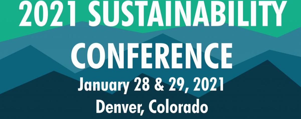 a background of mountains and text saying 2021 sustainability conference