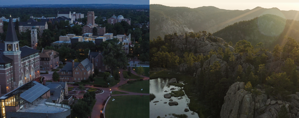Splitscreen of DU campus and mountain landscape