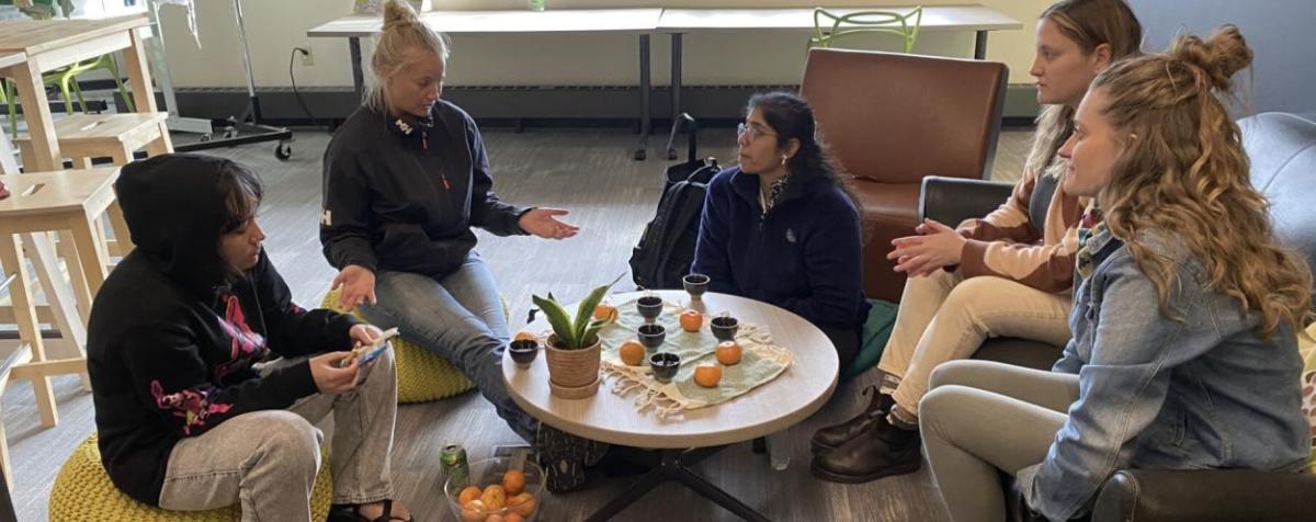 people sitting around table talking and drinking tea
