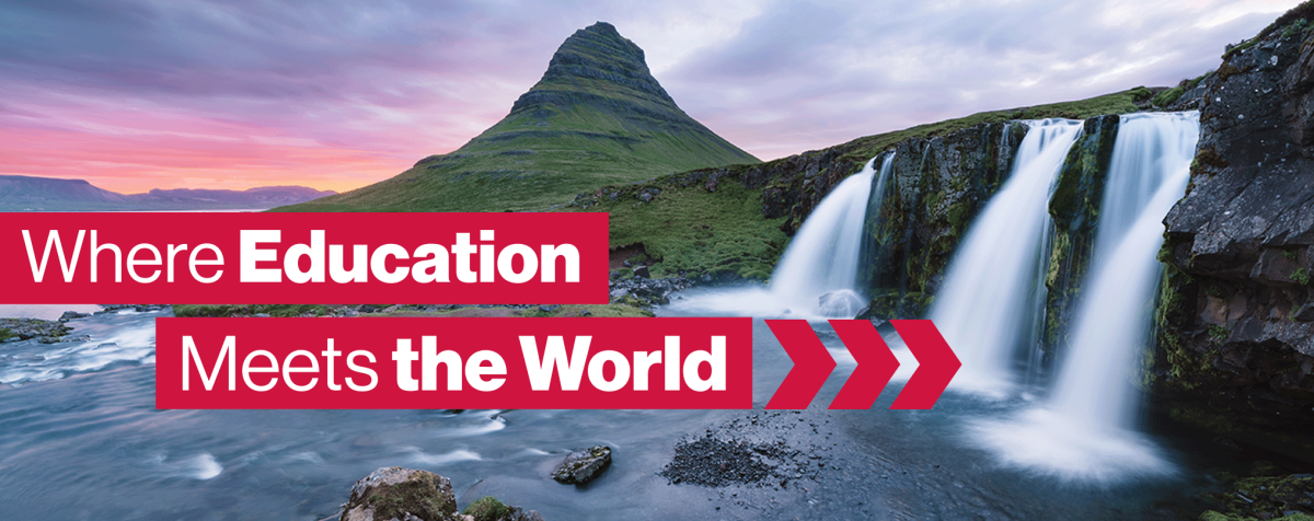 waterfalls with text overlay that says "where education meets the world"