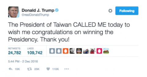 Donald J. Trump on Twitter: The President of Taiwan CALLED ME today to wish me congratulations on winning the Presidency. Thank you!