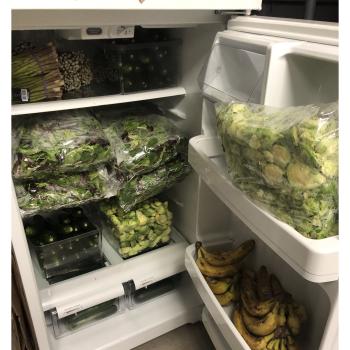 Photo of a white fridge filled to the brim with fresh green produce.