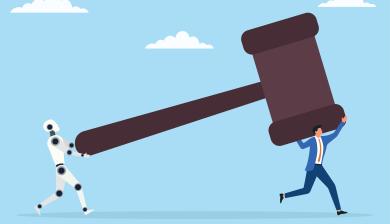 An illustration of a man carrying a gavel on one end and a robot carrying the other end