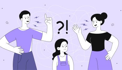 two parents arguing and a kid in the middle looking confused