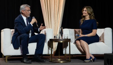 Melinda French Gates spoke with Korbel Dean Fritz Mayer at the school's annual awards celebration.