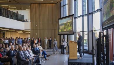 Chancellor Jeremy Haefner gives a speech at State of the University
