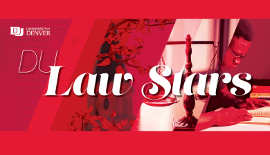 A red graphic announcing DU's Law Stars for 2026.