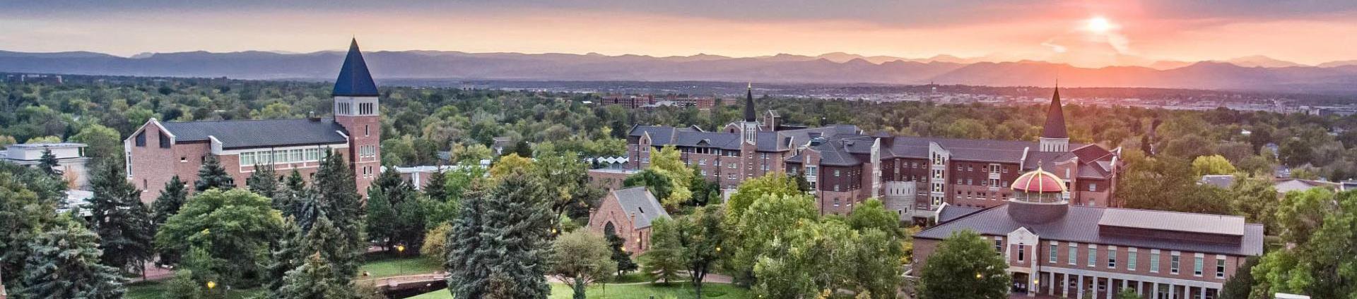 drone view of campus at sunset