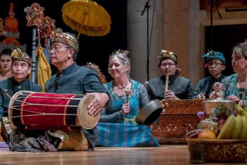 Members of the gamelan orchestra perform