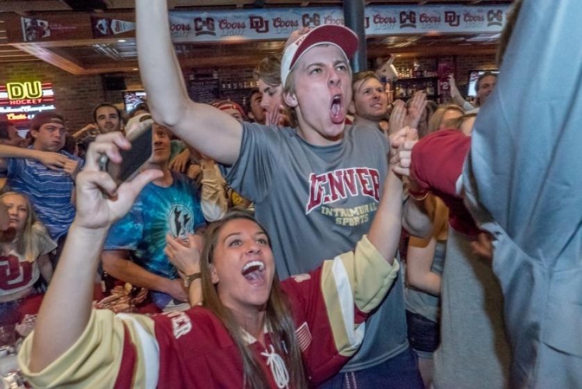Pioneer fans celebrate the national championship at Crimson and Gold. Photo courtesy: Wayne Armstrong, University of Denver