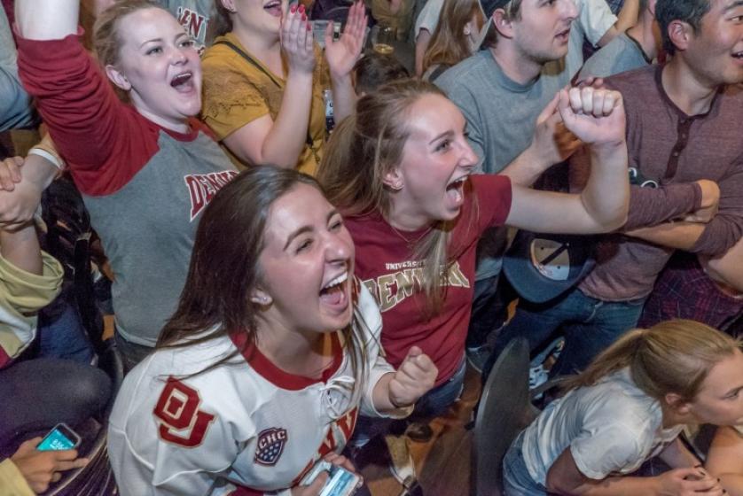 Pioneer fans celebrate the national championship at Crimson and Gold. Photo courtesy: Wayne Armstrong, University of Denver