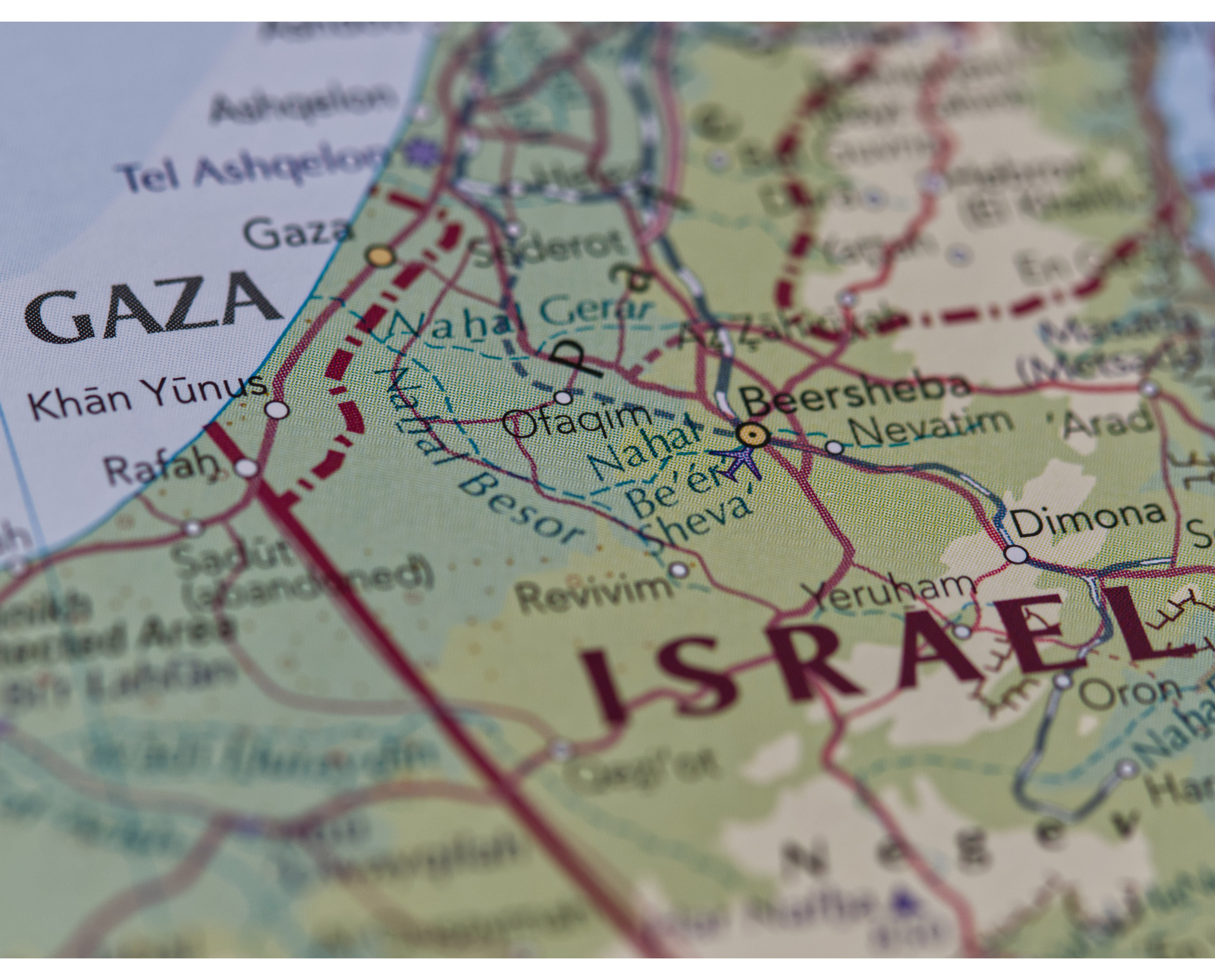 A close-up of a map showing both Gaza and Israel.
