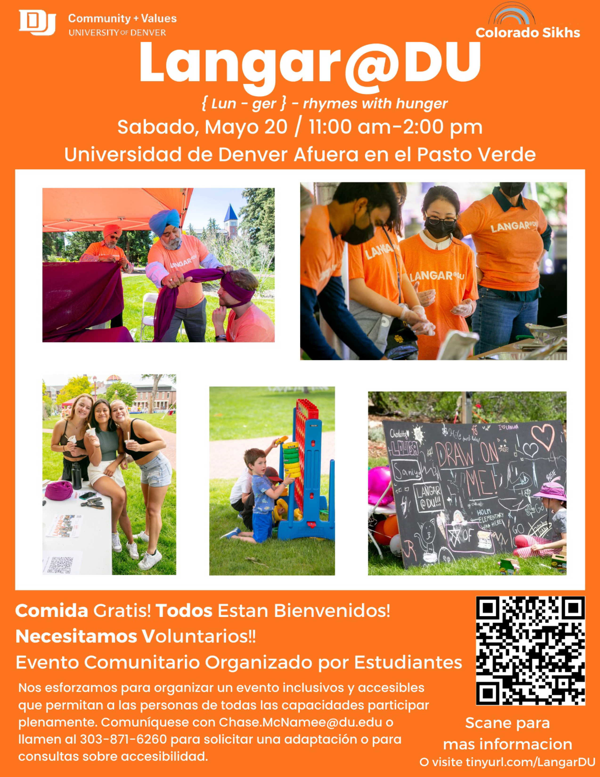 Langar@DU flyer in Spanish - orange background with the text from the above paragraphs