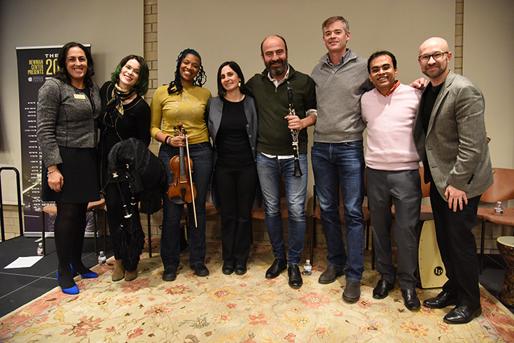 Newman Center Executive Director Kendra Whitlock Ingram with members of the Silkroad Ensemble, Pardis Mahdavi and Cullen Hendrix